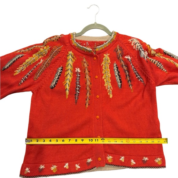 VTG Christine Foley Red Feather Embroidered Knit cotton 90s Button Up Cardigan M - Picture 4 of 6